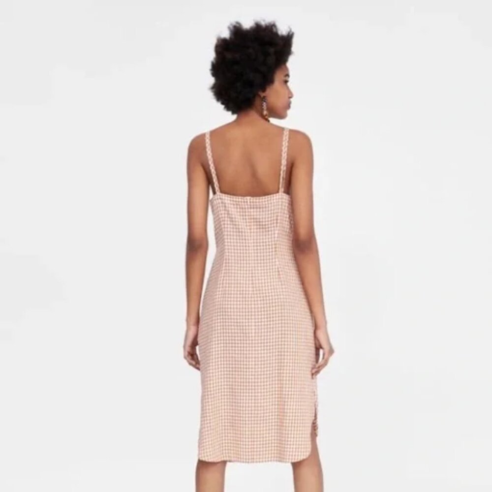 ZARA CHECKERED DRESS WITH KNOT DETAIL V NECK SIZE L NEW WITH TAGS - Picture 3 of 10
